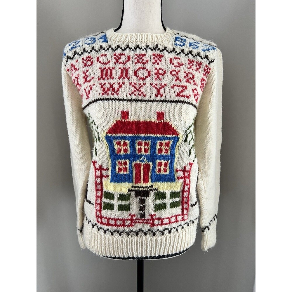 Vintage 80s Schoolhouse Sweater Size Small EUC Hazel’s Handwork